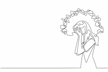 Poster - Single continuous line drawing a woman cover face with both palms with around head tangled thread. Heartache. Prolonged stress. National Anxiety Screening Day. One line design vector illustration