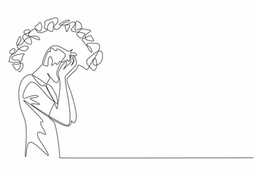 Poster - Single one line drawing man cover face with palm with around head tangled thread. Tangled mind. Mentally tired. Fatigue. National Anxiety Screening Day. Continuous line design graphic illustration