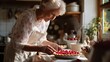 © fotofabrika - Elderly woman prepares cherry pie in cozy kitchen filled with warm sunlight and fresh ingredients