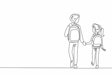 Poster - Single continuous line drawing older brother and younger sister carry bag walking. Older brother becomes the guardian of sibling. National Brothers and Sisters Day. One line design vector illustration