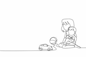 Poster - Single continuous line drawing older sister sitting on the floor and holding younger brother. Sibling harmony. Playing together. National Brothers and Sisters Day. One line design vector illustration