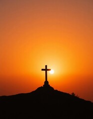 Poster - As the sun sinks below the horizon, the silhouette of a cross stands proudly on a hill. The warm hues of orange and gold envelop the landscape, inviting contemplation and serenity Generative AI