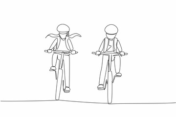 Poster - Single continuous line drawing a boy and a girl riding a bicycle side by side wearing helmets. Together is more fun. Cycling buddy. National Bike to School Day. One line design vector illustration