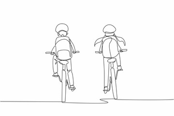 Poster - Single one line drawing rear view of a boy and a girl riding a bicycle side by side. Be aware of safety while biking. Bikers. National Bike to School Day. Continuous line design graphic illustration