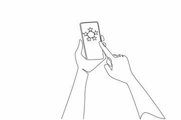 Poster - Continuous one line drawing hand hold smartphone and points at smartphone screen which has 5 stars. Always give 5 stars. Best quality. Write a Review Day. Single line draw design vector illustration