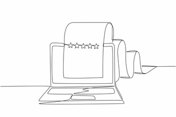 Poster - Single continuous line drawing laptop with paper rolling out of the screen to the back. Review page. Providing feedback for quality improvement. Write a Review Day. One line design vector illustration