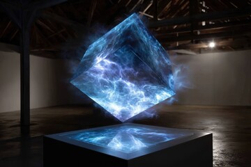 Poster - Floating blue energy cube in art gallery during nighttime exhibition
