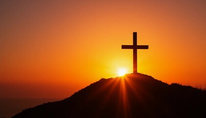 Poster - A beautiful cross is silhouetted against a vibrant sunset, symbolizing hope and peace as the sun dips low behind a distant hill, casting warm hues across the sky Generative AI