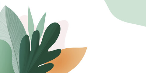 Aufkleber - Abstract illustration featuring lush green leaves and soft pastel shapes, creating a tranquil and modern design with ample copy space for creative use