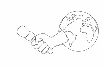 Aufkleber - Single one line drawing the hand that comes out while holding the microphone in the middle of the globe. Threats to press freedom. World Press Freedom Day. Continuous line design graphic illustration