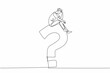 © Simple Line - Continuous one line drawing young man sitting on a big question mark while contemplating. Miscalculation. Regret the choice deeply. National Day of Reason. Single line draw design vector illustration