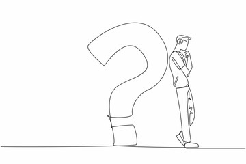 Poster - Single continuous line drawing man in casual clothes leaning his back against big question mark. Find the best solution. Get out of trouble. National Day of Reason. One line design vector illustration