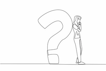 Poster - Single continuous line drawing man in casual clothes leaning his back against a big question mark. Questioning the destiny of life. Pensive. National Day of Reason. One line design vector illustration