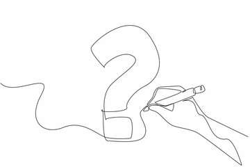 Poster - Single continuous line drawing hand holds marker forms big question mark from scribbled lines. Seeking enlightenment to find best solution. National Day of Reason. One line design vector illustration