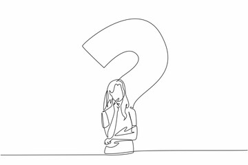 Poster - Continuous one line drawing woman with thinking gesture with big question mark background. Thinking out loud. Facing problems. National Day of Reason. Single line draw design vector illustration