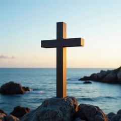 Poster - A weathered cross is positioned prominently on rocky terrain by the sea, framed by tranquil waters and a stunning sunset sky, offering a moment of reflection and peace Generative AI