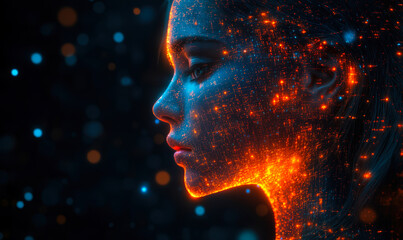 Poster - Futuristic female profile glowing with digital orange and blue particles, abstract technology and artificial intelligence concept portrait