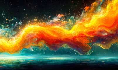 Poster - Abstract vibrant colorful wave of fire and smoke over dark ocean surface under starry sky surreal digital art background with bright glowing orange and yellow fluid energy flow in space atmosphere
