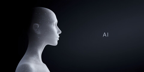 Poster - Futuristic digital human figure with a wireframe design, representing artificial intelligence concepts, set against a dark background with a glowing text element