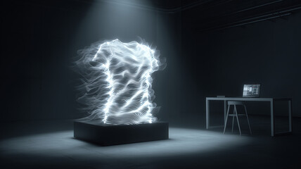 Poster - A striking display of nanofabric features a flowing, illuminated design in a dimly lit room. A sleek desk with high-tech equipment complements the innovative showcasing of materials.