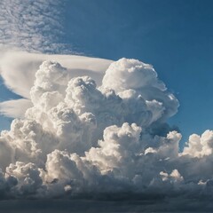 Poster - Towering formations of dramatic clouds dominate the sky as the sun begins to set, creating a stunning interplay of light and shadow on the land below Generative AI