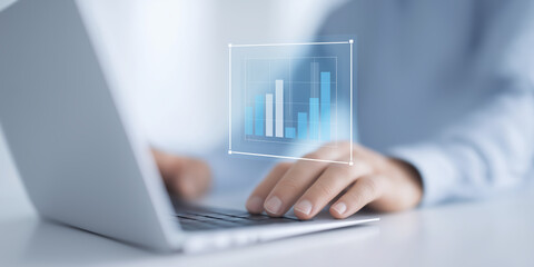 Fototapete - Business professional using laptop with digital analytics interface, showcasing data visualization and modern technology in a bright, minimalistic workspace environment