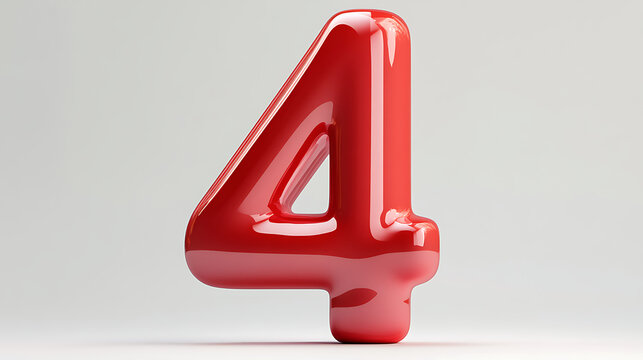 A glossy red number four standing upright against a plain white background in a studio setting