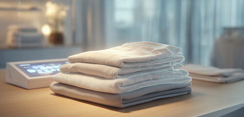 Fototapete - Soft nanofabric towels are neatly stacked on a sleek wooden table, illuminated by soft ambient light in a contemporary interior. A digital interface displays smart technology features nearby.