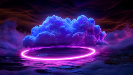 Wall Mural - Glowing Purple and Blue Cloud with Neon Ring in Dark Landscape