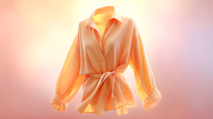 Poster - Soft drapery highlights an elegant fabric with a light peach hue and graceful folds. The stylized shirt is tied at the waist, creating a chic look against a warm, glowing background.