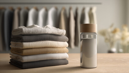Poster - A clean and organized display showcases neatly folded garments stacked beside a glass container.