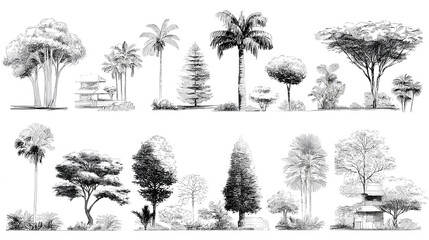 architectural drawings, minimal style cad tree line drawing, side view, set of section wetland fores