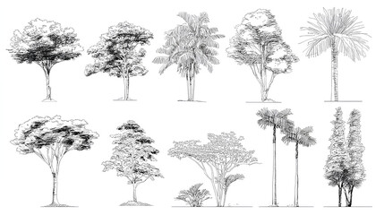architectural drawings, minimal style cad tree line drawing, side view, set of section wetland fores