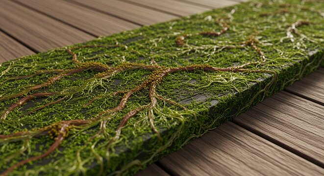 Bio-Organic Network: Moss-Covered Wooden Plank with Intricate Root-like Structures