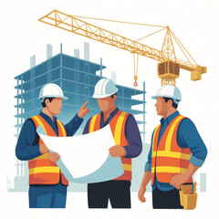 Fototapete - Construction Workers Reviewing Blueprint at Building Site with Crane