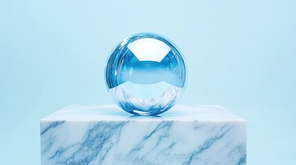 Poster - Clear Glass Sphere on Marble Base with Blue Background Aesthetic