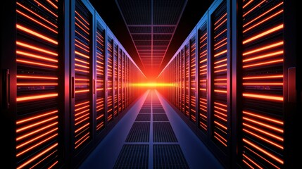 Poster - Futuristic Data Center with Glowing Racks and Symmetrical Design in a Digital Environment