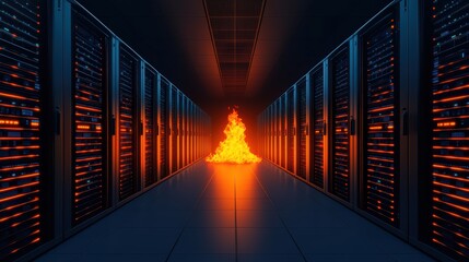 Poster - Dramatic Scene of Flames Erupting in a Data Center Surrounded by Rows of Server Racks with Illumination Effects