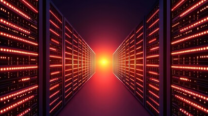 Poster - Futuristic Data Center Alley with Bright Light and Rows of Illuminated Data Storage Units