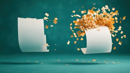 Poster - Dynamic Burst of Shredded Paper with Soft Green Background in Creative Conceptual Imagery