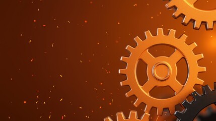 Poster - Close-Up View of Interlocking Metallic Gears Against an Abstract Orange Background with Sparkles and Light Effects