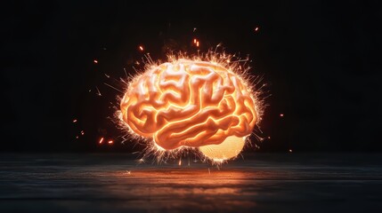 Poster - Glowing Brain Illustration with Sparks and Light Effects on Dark Background for Conceptual Art and Creativity Themes
