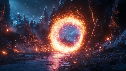 Poster - Fiery portal in a dark mountain landscape with sparks illuminating the scene for fantasy concept