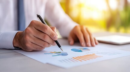 Poster - Close-Up of Businessman Analyzing Financial Charts with Pen in Hand at Bright Office Desk