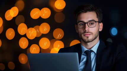 Poster - Professional businessperson working late with laptop and glowing bokeh background in modern office setting