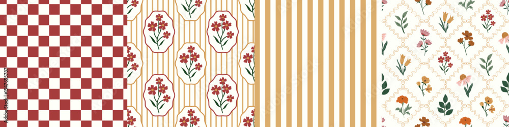 Set of 4 seamless pattern autumn colors cottagecore florals with ...