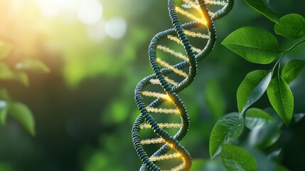 Poster - Vibrant DNA Helix Rising Amidst Lush Green Foliage in a Natural Setting with Dappled Light