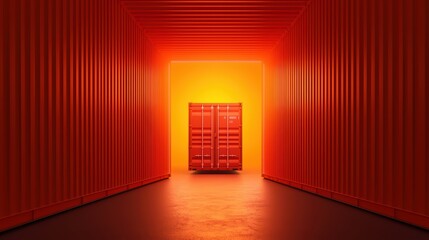 Poster - Bright Orange Container in a Shipping Depot Surrounded by Bright Orange Walls and Ambient Light