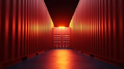 Poster - Illuminated Pathway Between Industrial Shipping Containers at Night with Warm Glow and Perspective View