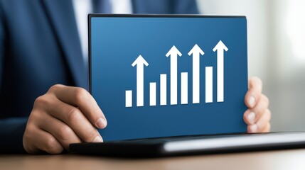 Poster - Business Professional Holding a Sign with a Growth Chart and Arrows Indicating Success and Progress in Finance and Market Trends